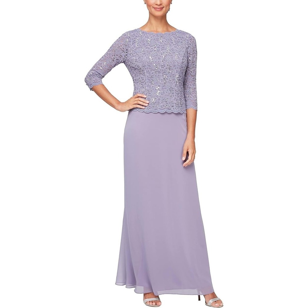 Alex Evenings One Piece Gown Dress 3/4 Sleeve Stretch Lace Bodice Mock  6P